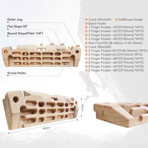  Kletterbrett mit Handyhalterung und Krüge für Intensive Kletterübungen
| Holz-Hangboard mit Bandhalter und Rissen für F